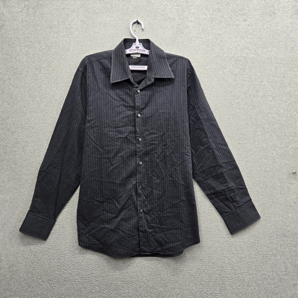 BOSS Hugo Boss Men Button Up Shirt 17 Dark Gray Striped Long Sleeve READ